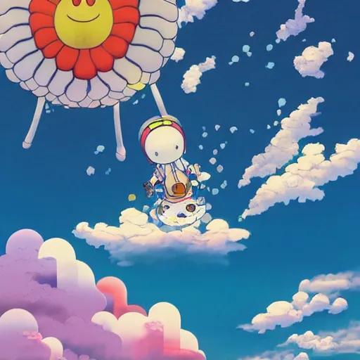 Image similar to a man walking on clouds above kyoto by takashi murakami, beeple and james jean, aya takano color style, 4 k, super detailed