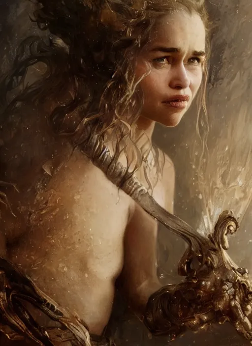 Image similar to mischievous emilia clarke, happy, detailed, by gaston bussiere, bayard wu, greg rutkowski, giger, maxim verehin, greg rutkowski, masterpiece, sharp focus, cinematic lightning