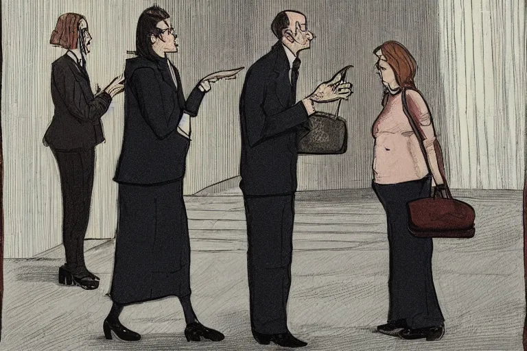 Image similar to tall, security guard checks the bags of a worried looking woman, art, satire