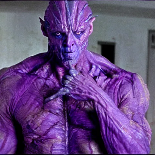 Image similar to ivan ooze, portrait, practical effects, 1 9 9 0 s action movie, purple electricity arcing from fingers, an army of tongue warriors