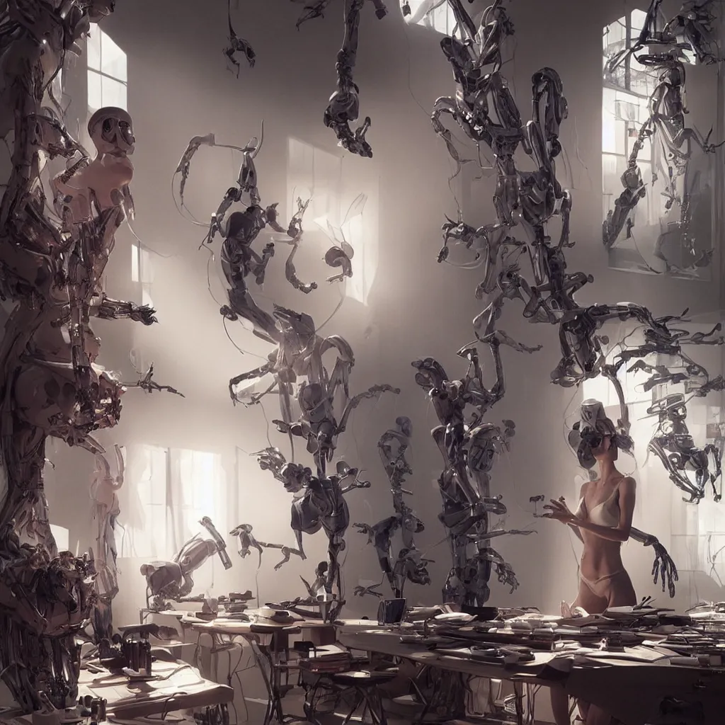 Image similar to extremely detailed cinematic movie still medium shot of supermodel girl artist working in her studio with human like robot hyperreal skin face by denis villeneuve, wayne barlowe, simon birch, marc simonetti, philippe druillet, beeple, alex grey bright volumetric sunlight, rich moody colors, bokeh