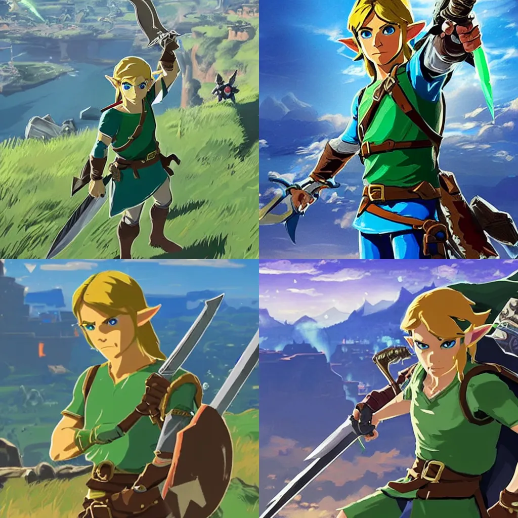 Prompt: half-length portrait of Link from The Legend of Zelda: Breath of the Wild (2017) holding a sword as a Marvel superhero on a battlefield in Avengers: Endgame (2019)”