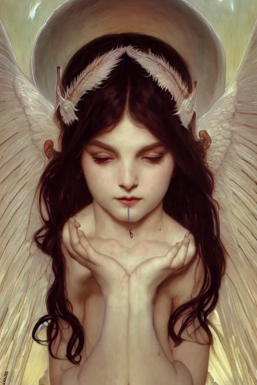 Prompt: Portrait of beautiful pale demonic angelic girl with devil\'s horns and nimbus, cinematic lighting, intricate, elegant, highly detailed, digital painting, artstation, smooth, sharp focus, illustration, art by artgerm and greg rutkowski and alphonse mucha and Wayne Barlowe and william-adolphe bouguereau