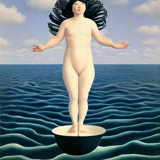 Image similar to very detailed, beautiful painting of bjork levitating above the wavy ocean into a gray sky. shaded. art by rene magritte, 1 9 2 7. oil on canvas.