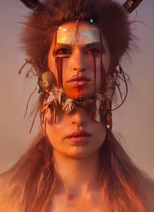 Image similar to hyper realistic photography portrait of coachella burningman pagan medieval tribal festival warrior curvy partygirl face cinematic, vallejo, julie bell, craig mullins greg rutkowski, artstation, cgsociety