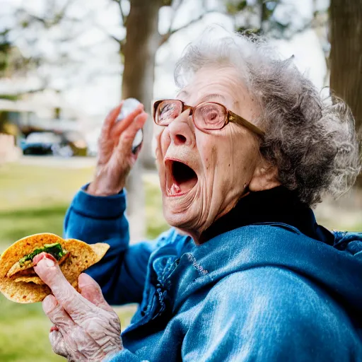 Prompt: elderly woman screaming at a taco, canon eos r 3, f / 1. 4, iso 2 0 0, 1 / 1 6 0 s, 8 k, raw, unedited, symmetrical balance, wide angle