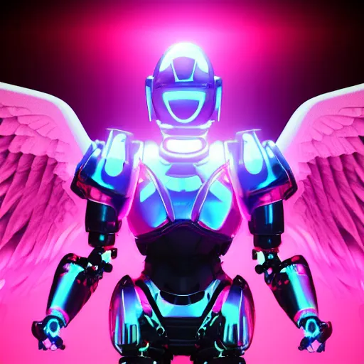 Image similar to robot paladin space warrior knight futuristic with glowing pink hologram angel wings, cinematic lighting, HD, high details, atmospheric