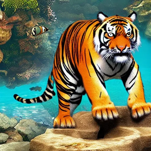 Prompt: a tiger discovering the lost city of atlantis