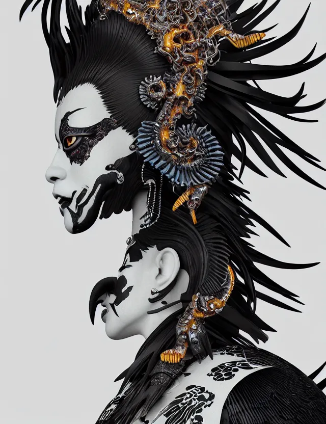 Image similar to 3 d goddess close - up profile portrait punk with mohawk with ram skull. beautiful intricately detailed japanese crow kitsune mask and clasical japanese kimono. betta fish, jellyfish phoenix, bio luminescent, plasma, ice, water, wind, creature, artwork by tooth wu and wlop and beeple and greg rutkowski