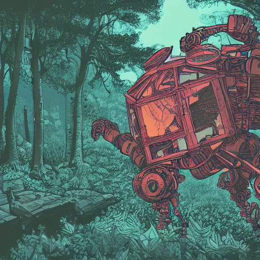 Prompt: in the style of ghostshrimp and laurie greasley a giant decaying robot head in an enchanting and lush forest that has been turned into a quaint house, highly detailed, 8k wallpaper