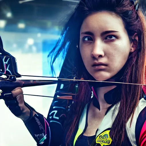 Image similar to close up, attractive sports woman in archery, a grungy cyberpunk anime, highly detailed