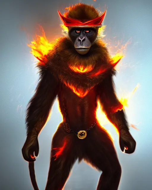 Image similar to fury art, an anthro monkey wearing a large cape and a fantasy armor, fire, fiery background, 3 d, 8 k, extremely detailed, trending on furaffinity, trending on artstation, award winning, sharp focus, illustration