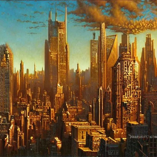 Prompt: steampunk cityscape of new york city, by tim hildebrandt, wayne barlowe, syd mead, john harris, bruce pennington, donato giancola, larry elmore, oil on canvas, artstation, pixiv, cinematic composition, dramatic, beautiful lighting