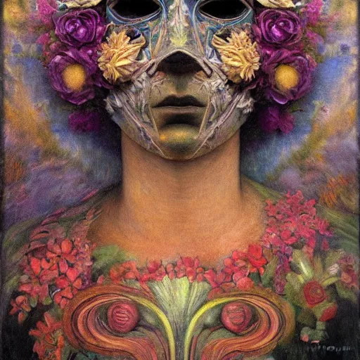 Image similar to masterpiece painting of a facemask made of flowers, by annie swynnerton and jean delville and tino rodriguez and diego rivera, flower mask, flower shaman, spooky dark psychedelic, symbolist, dramatic lighting, god rays, elaborate geometric ornament, clean crisp graphics, soft cool colors, smooth sharp focus, extremely detailed