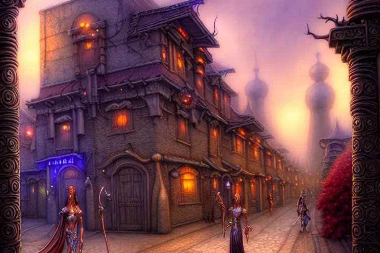 Prompt: a highly detailed street of both magical beings, tana'ri and primes alike in the planescape city of sigil, amazing planescape digital painting, by gerald brom, brom digital art, intricate details, ultra realistic, beautiful art, volumetric lighting, warm colors advance cool colors recede, by brom, trending cgsociety, artstation, rim lighting, 8 k