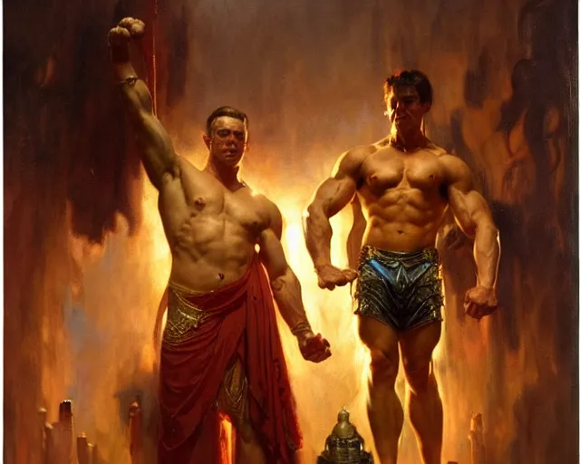 Image similar to regal magician man, casting light magic, summoning a muscular god. highly detailed painting by gaston bussiere, craig mullins, j. c. leyendecker 8 k