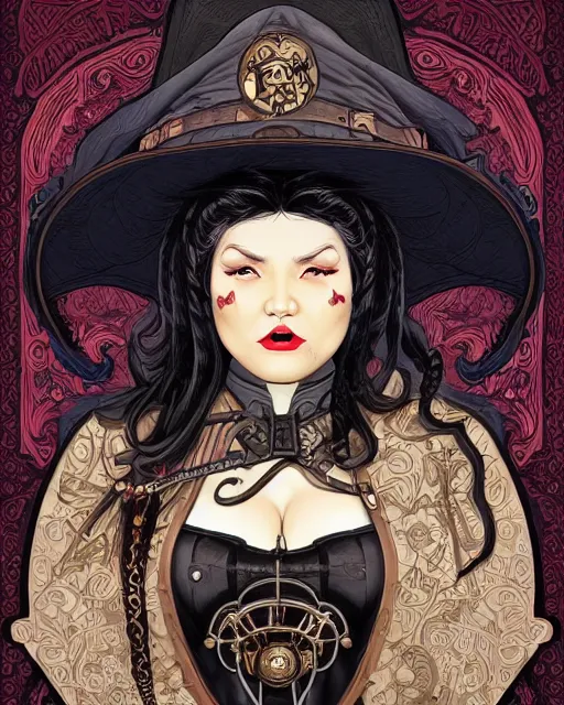 Image similar to a detailed portrait illustration of a steampunk witch - gunslinger. beautiful obese black female face. blue asian eyes. goth chinese aesthetic. art nouveau, pop art, comic book style. influenced by neil gaiman, h. p. lovecraft, dan mumford, android jones, tim burton, killian eng, ross tran, mao hamaguchi.