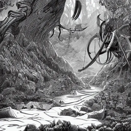 Image similar to impressive fantasy landscape, pure b & w, line art, behance, masterpiece