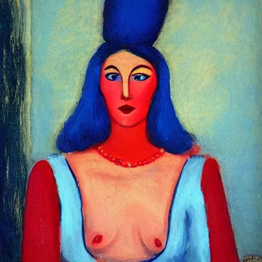 Prompt: Woman model appearance, in the colors of Russian folk art, red hair, coral lips blue shadow, style Edward Hopper