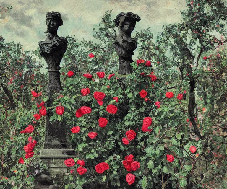 Image similar to colorful painting of black vines with black roses, wrapped around old statues in a garden