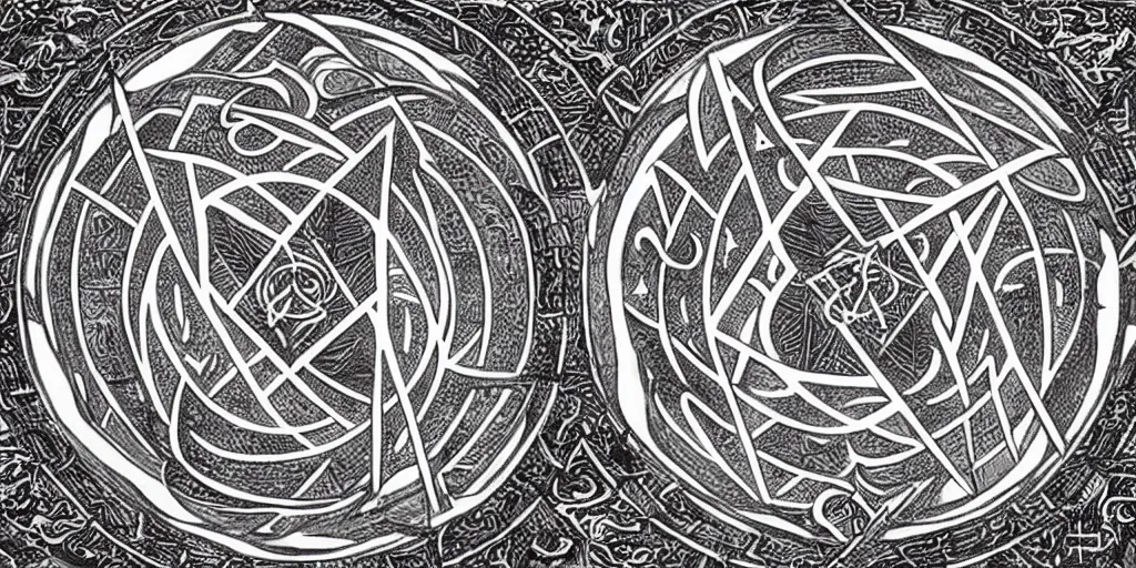 Image similar to wicca magik symbols, optical illusion escher, magical symbols