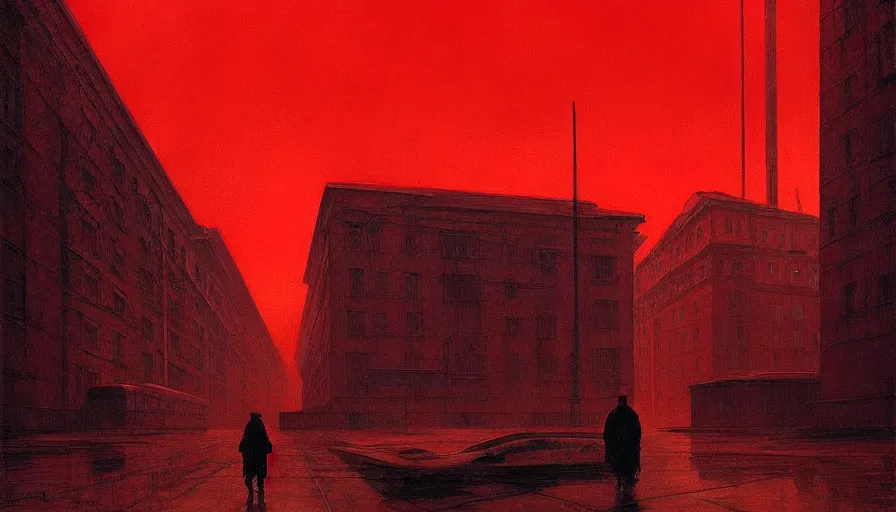 Image similar to only with red, soviet communism horror city apocalyptic atmosphere with soviet flag, in the style of beksinski, by edward hopper and rodcenko and yue minjun and cory loftis, intricate and epic composition, red by caravaggio, highly detailed, masterpiece, red light, artstation, art nouveau