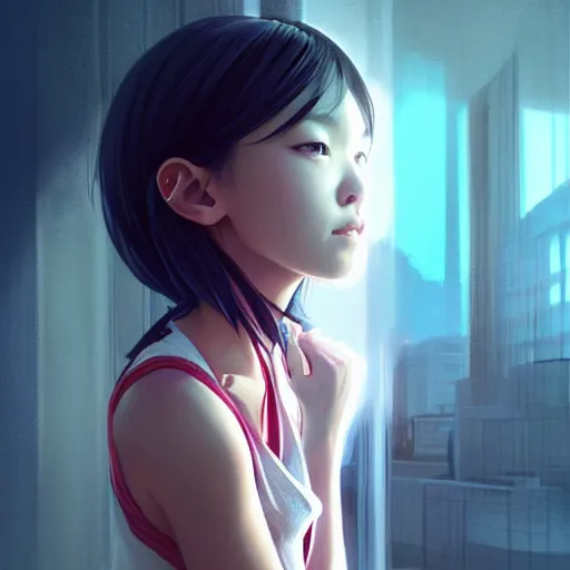 Image similar to very small little girl by ross tran : : reaching into their reflection in the mirror by sana takeda : : rtx reflections, very high intricate details, digital anime art by artgerm, medium shot, mid - shot, composition by ilya kuvshinov, lighting by greg rutkowski