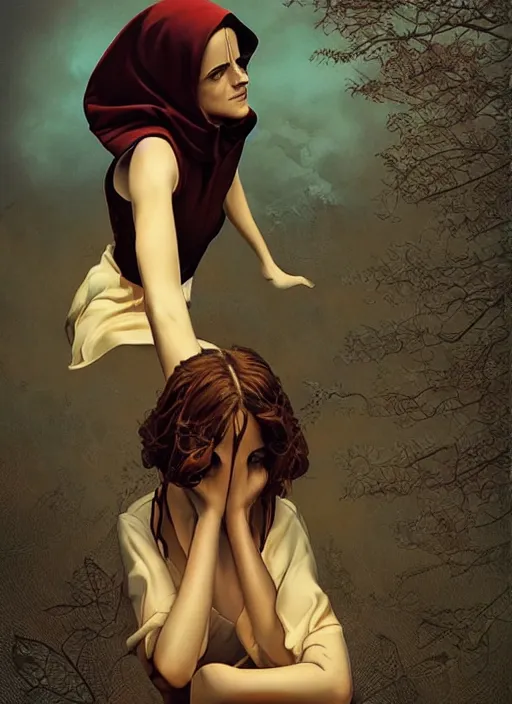 Prompt: poster artwork by Michael Whelan and Tomer Hanuka, Karol Bak of Emma Watson nun, on her knees crying into the sky, from scene from Twin Peaks, clean