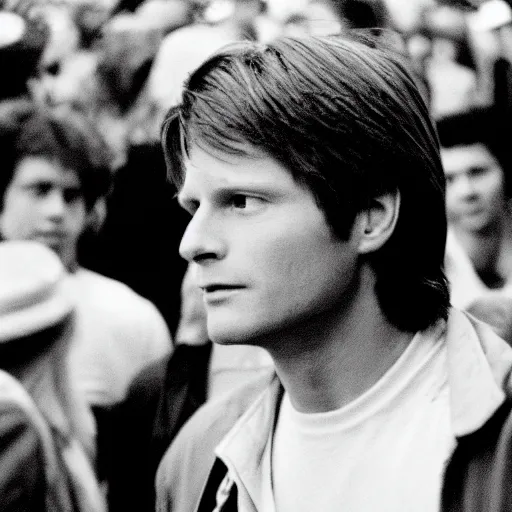 Image similar to film still, 5 0 mm, a masterpiece portrait photo of marty mcfly in a los angeles crowd, circa 1 9 9 9, sharp focus and narrow depth of field