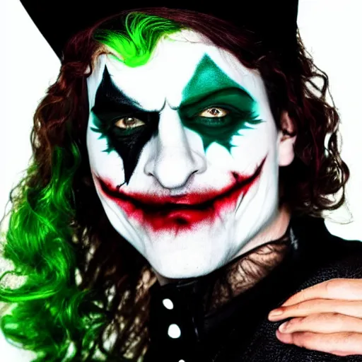 Image similar to a male model wearing a black leather hat in joker makeup, frontal view, cool looking