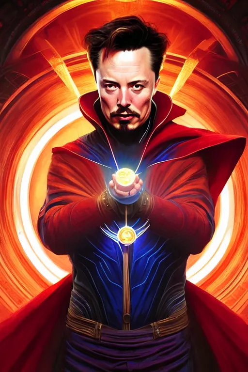 Image similar to elon musk as dr strange, realistic portrait, symmetrical, highly detailed, digital painting, artstation, concept art, smooth, sharp focus, illustration, cinematic lighting, art by artgerm and greg rutkowski and alphonse mucha