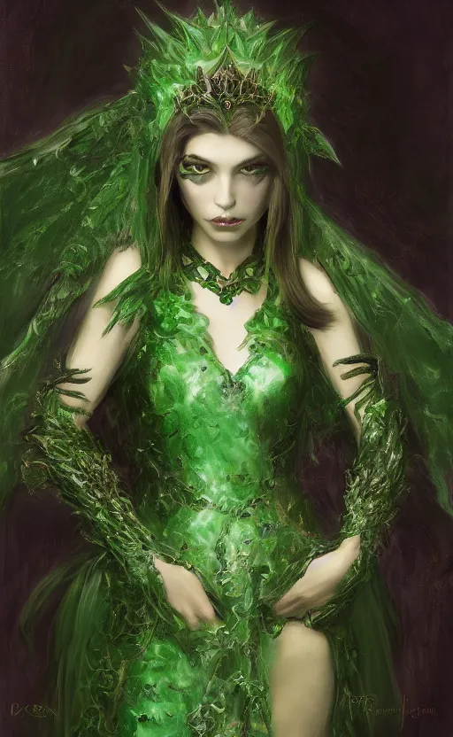 Prompt: Gothic princess in dark and green dragon armor. By Konstantin Razumov, Fractal flame, chiaroscuro, highly detailded
