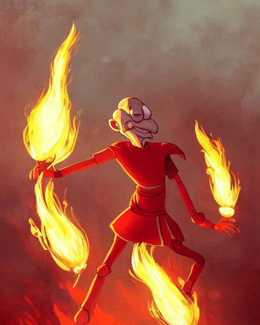 Image similar to squidward with [ four legs ] wearing fire nation clothing and practicing firebending outside at susnset, [ greg rutkowski ]