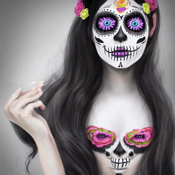 Prompt: a smiling girl with long black hair, part of her face slightly painted as dia de los muertos, by alozuniga _. with the style of arcane ( 2 0 2 1 ). digital draw, digital art, trending on instagram, digital painting. octane render, unreal engine, beautiful lips.