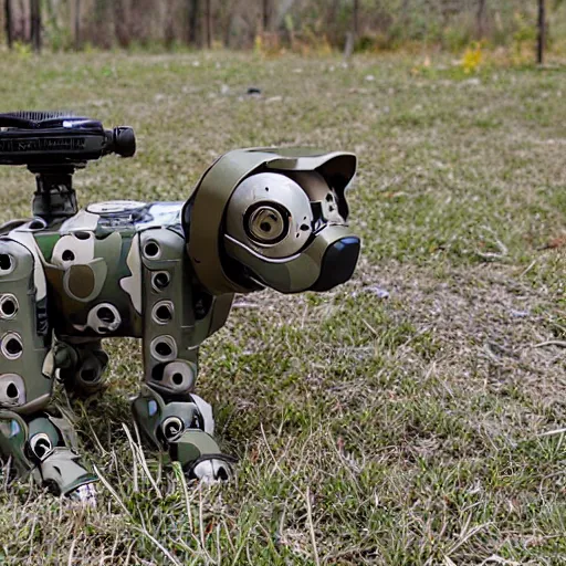 Prompt: robotic dog with a gun on its back and in military camouflage, camera photo