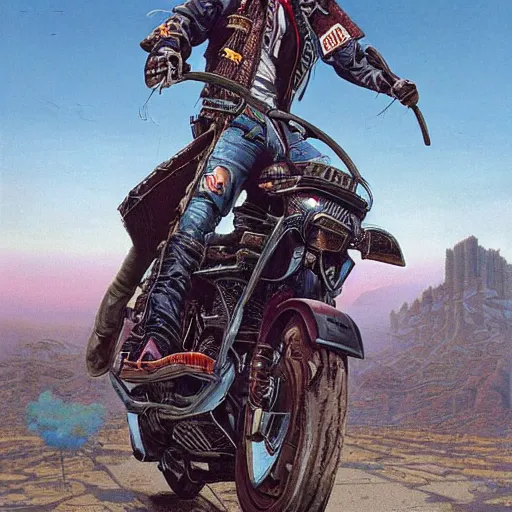 Image similar to a cyberpunk cowboy fully decked out in his cowboy hat, holsters, boots and spurs, sitting on a high tech motorbike in a scenic environment by wayne barlowe