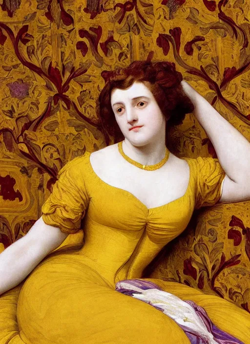 Prompt: masterpiece portrait of lady reclining vertically on bed wearing yellow ochre ornate medieval dress, foreshortening, colour photography by frederic leighton, william morris, 8 k