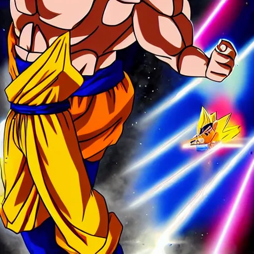 Image similar to ssj2 songoku with shiba inu head shooting an energy beam