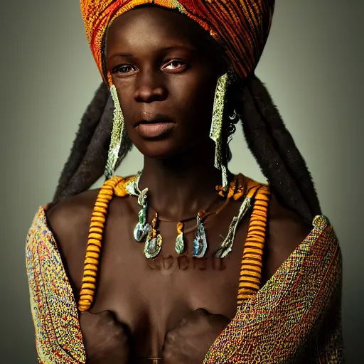 Image similar to vintage portrait of a stunningly beautiful west african tribal female, depth of field, zeiss lens, detailed, symmetrical, centered, fashion photoshoot, by edward s curtis, Annie Leibovitz and Steve McCurry, David Lazar, Jimmy Nelsson, Breathtaking, 8k resolution, extremely detailed, beautiful, establishing shot, artistic, hyperrealistic, beautiful face, octane render