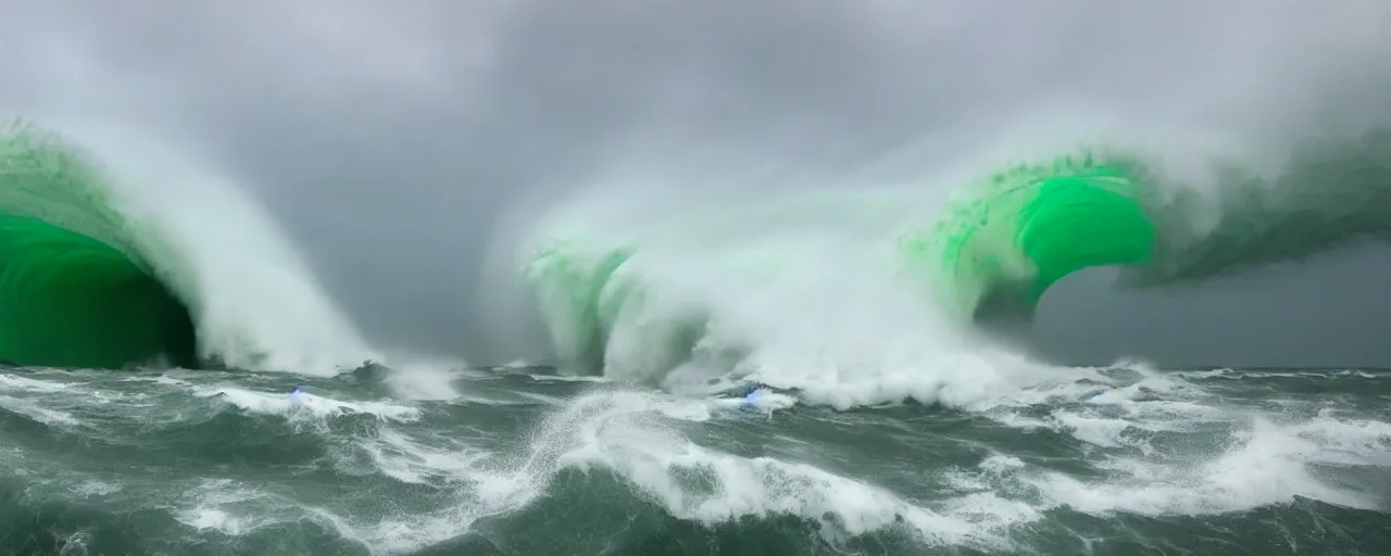 Image similar to 4 0 0 meter monster wave about to crash, green waters, storm, dramatic ligthting, atmospheric, mega tsunami