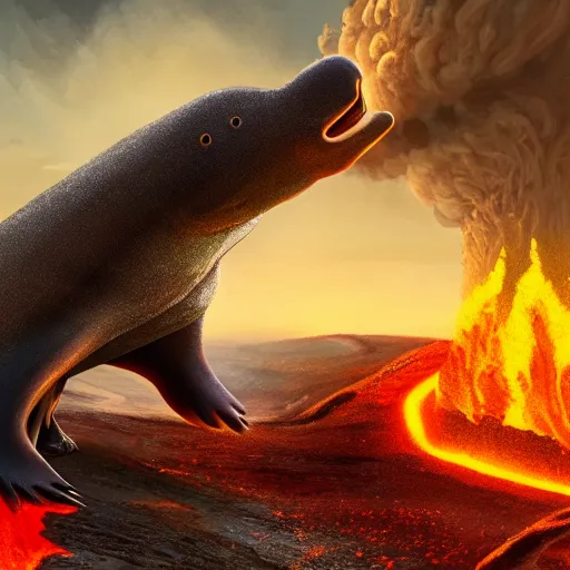 Image similar to giant platypus coming out of a volcano, cinematic, high detail, painting,, coherent, high definition, 4 k, artstation