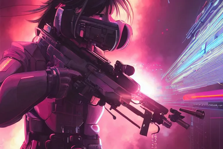 Prompt: young female japanese sniper aiming a railgun sniper rifle, neon, cyberpunk, futuristic, full cybernetic combat suit, short bob haircut, stunning, highly detailed, digital painting, smooth, soft focus, illustration, ghost in the shell, 4 k digital art from artstation by artgerm and greg rutkowski and alphonse mucha