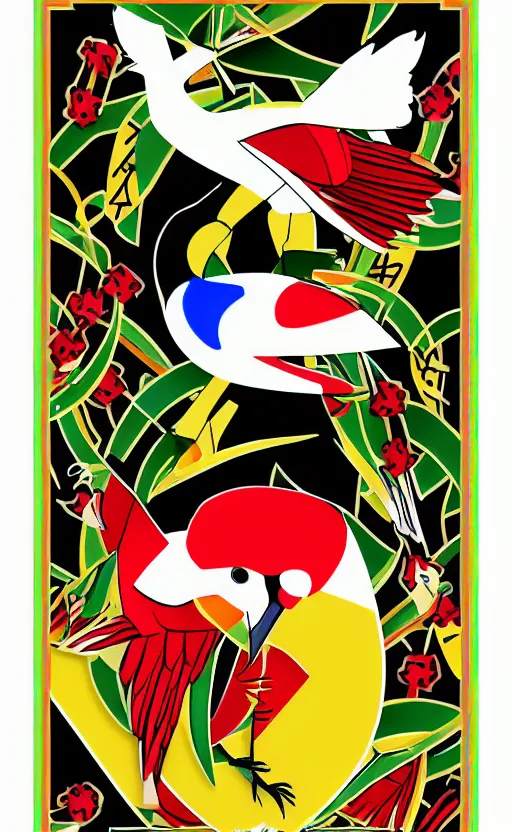 Prompt: poker card style, simple, modern look, colorful, japanese crane bird symbol in center, pines symbols, maintain aspect ratio, turchese and yellow and red and black, vivid contrasts, for junior, smart design, backed on kickstarter