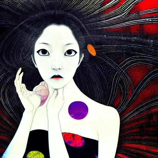 Image similar to yoshitaka amano blurred and dreamy realistic three quarter angle portrait of a woman with long white hair, black eyes and black lipstick wearing dress suit with tie, junji ito abstract patterns in the background, satoshi kon anime, noisy film grain effect, highly detailed, renaissance oil painting, weird portrait angle, blurred lost edges