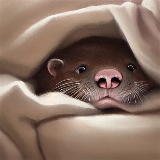 Image similar to a cute otter sleeping with blankets. soft, atmospheric, warm lighting. highly detailed digital painting by mandy jurgens.