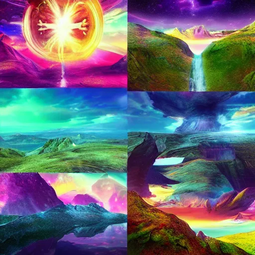 Image similar to Shots of an unreleased spiritual marvel movie, landscape, 8K, photorealistic, high cohesiveness, psychedelic, concept art, vaporwave