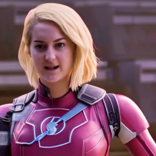 Prompt: A still of Shailene Woodley as Gwenpool in Deadpool 3 (2023)