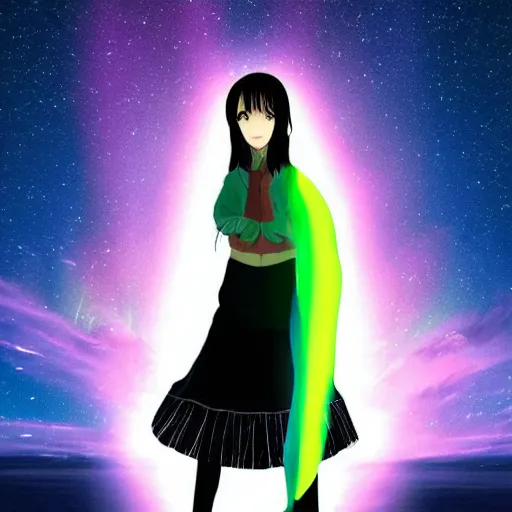 Image similar to anime girl standing on the aurora borealis that is trapped in the ice within the artic, starry sky