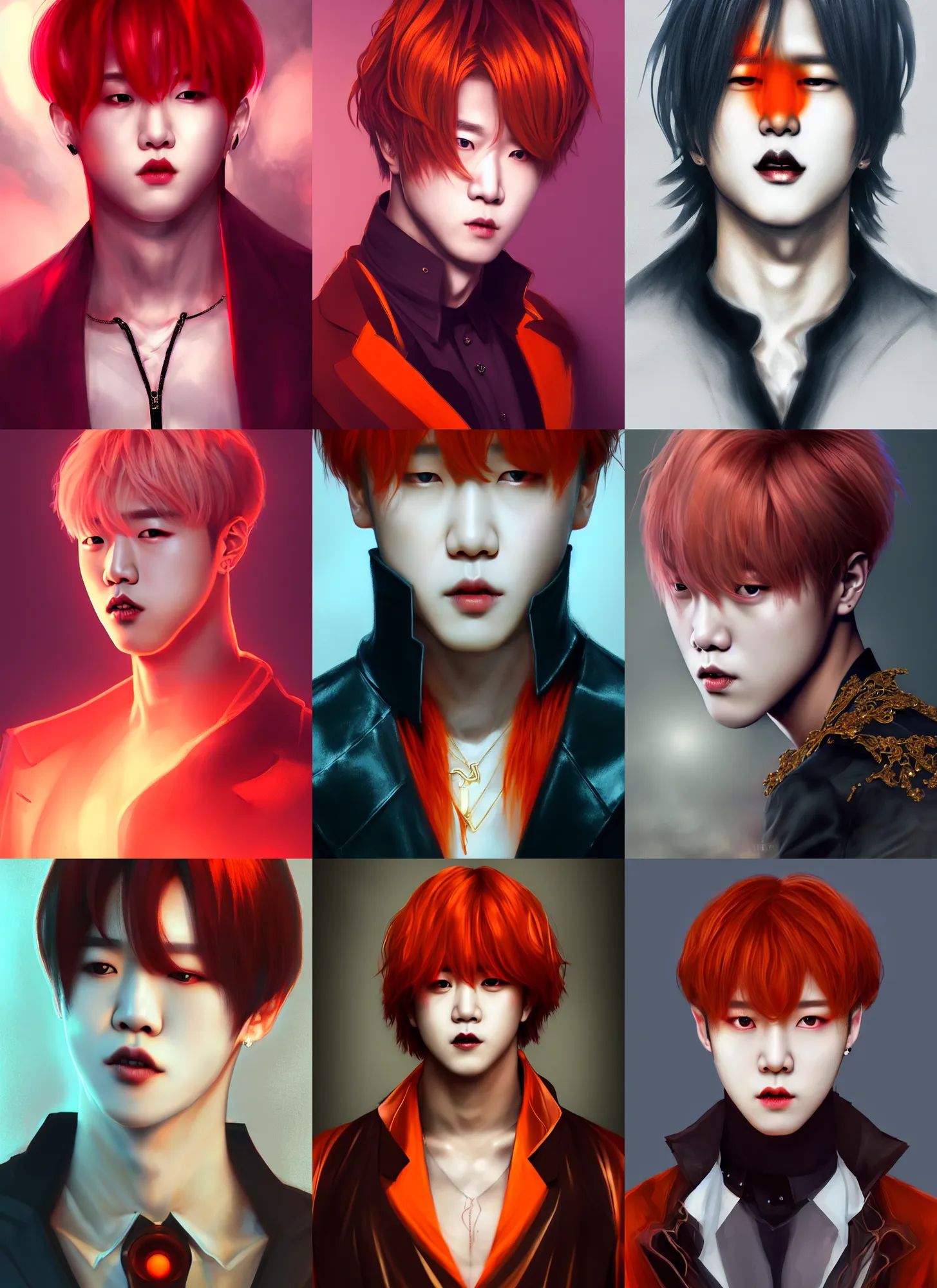 Prompt: park jimin as a vampire. wearing intricate styled outfit, semi realism, anime realism, symmetrical face, slim face, distinctive features, appealing, photorealism, uhd, amazing depth, glowing, golden ratio, sakimichan, greg rutowski, volumetric lighting, cinematic lighting, red orange lighting, artstation concept art