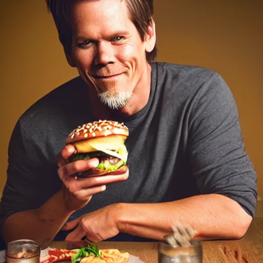 Image similar to kevin bacon profile portrait eating bacon burger soda fries, award winning food photography